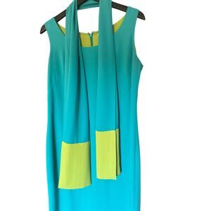 David Warren lime Green Teal Long Dress Women Size 12 w/ Scarf beach Vintage